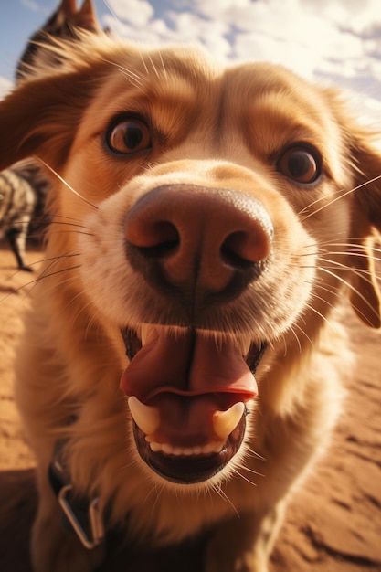 Foto um close de um cão com a boca aberta