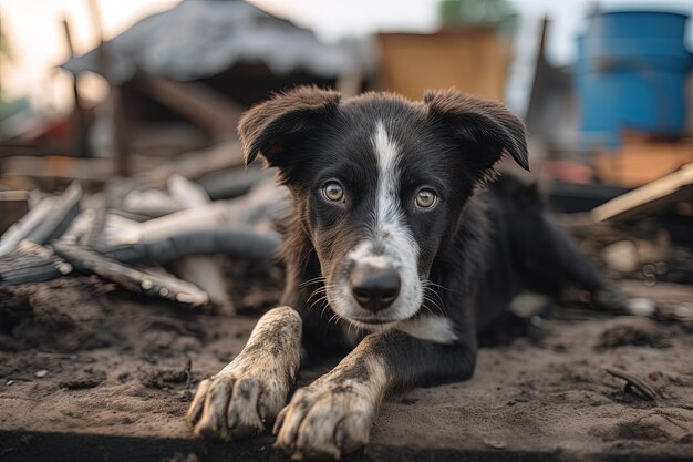 Foto um close de um cão deitado no chão