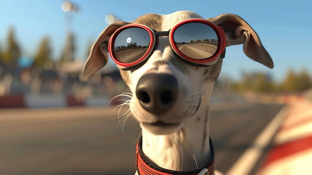 Foto um close de um cão whippet usando óculos de sol de aviador o cão está olhando para a câmera com uma expressão séria