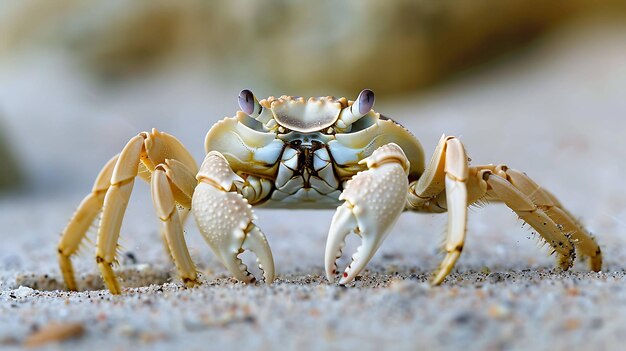 Um close de um caranguejo na areia O carangueju tem as garras levantadas em posição defensiva Os olhos são escuros e redondos A areia é castanha claro e texturizada