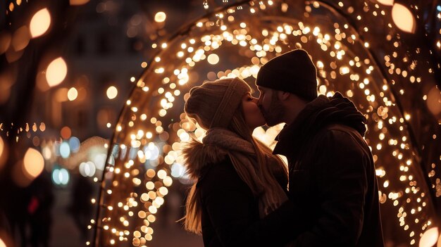 Um close de um casal compartilhando um beijo apaixonado sob um arco em forma de coração feito de luzes de fadas hd