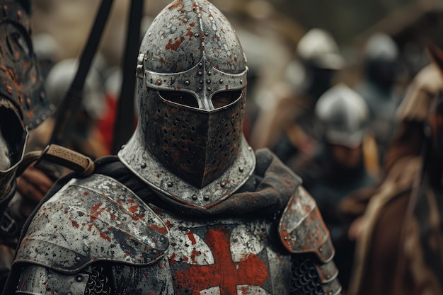 Um close de um cavaleiro usando um capacete e segurando uma espada