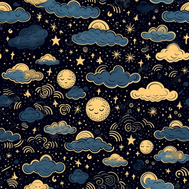 um close de um céu com nuvens e estrelas e uma lua sorridente gerando IA