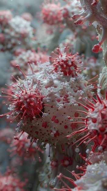 Um close de um coral com flores brancas e vermelhas