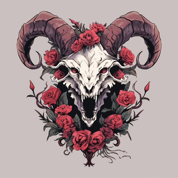 um close de um crânio de cabra com rosas ai generativa
