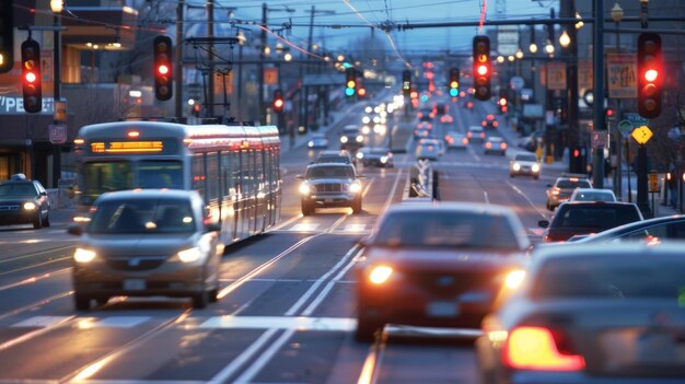 Um close de um cruzamento movimentado com carros elegantes passando e trens de trem leve deslizando por cima