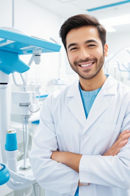 Um close de um dentista sorridente em uma bata de laboratório branca cercado por um ambiente estéril brilhante