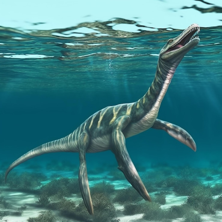Foto um close de um dinossauro nadando no oceano com a boca aberta ai generativa