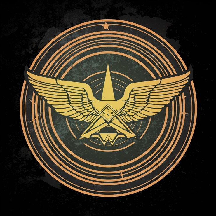 Foto um close de um emblema circular com uma estrela e duas asas geradoras de ia