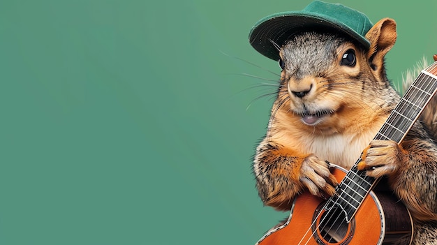 Foto um close de um esquilo vestindo um chapéu verde e tocando uma guitarra o esquilo está sentado em um galho e é cercado por folhas verdes