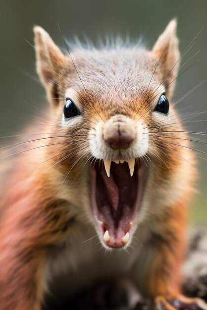 Foto um close de um esquilo zangado a mostrar os dentes