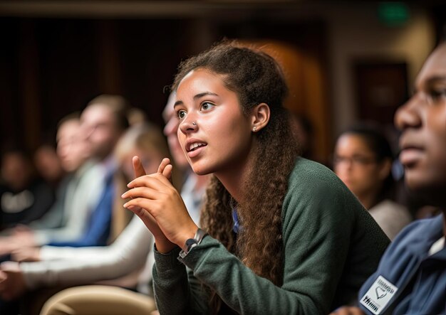 Foto um close de um estudante fazendo uma pergunta durante uma palestra capturado da perspectiva de