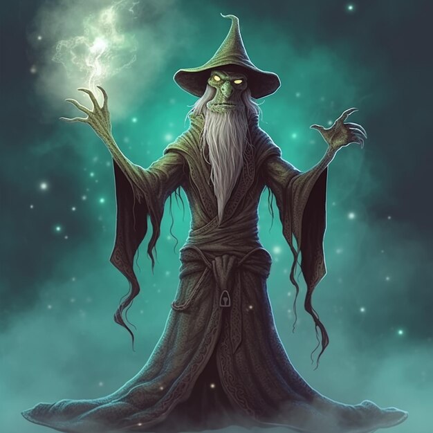 Um close de um feiticeiro com um chapéu e uma longa barba branca