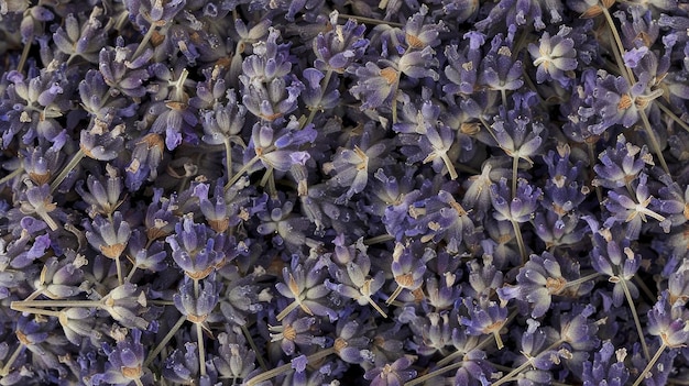 Um close de um feixe de flores secas de lavanda popularmente usadas em óleos essenciais e conhecidas por suas