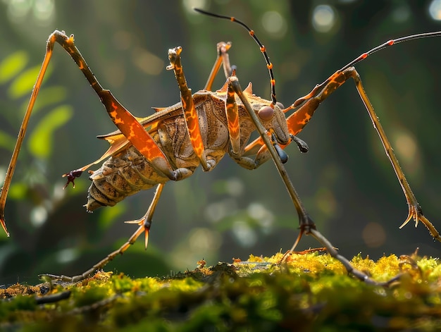 Um close de um gafanhoto iluminado pela luz solar em um chão da floresta coberto de musgo