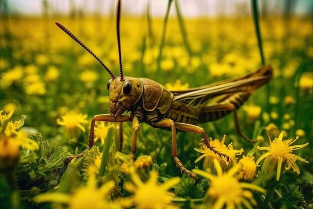 Um close de um gafanhoto verde em uma flor amarela