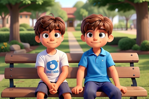 Um close de um garoto sentado em um banco com seu irmão maior e musculoso