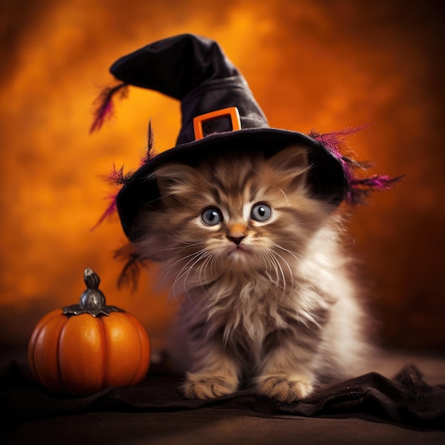 Um close de um gatinho fofo com chapéu de bruxa