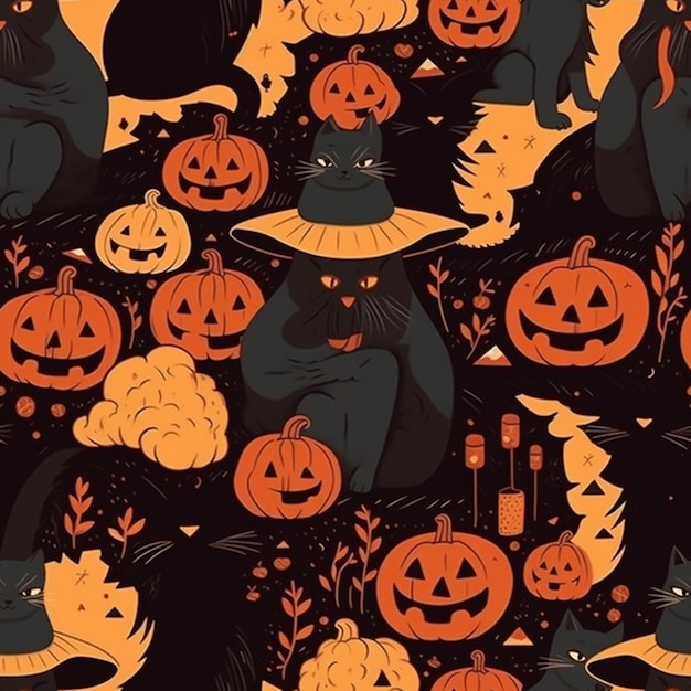 Um close de um gato preto cercado por abóboras e outras decorações de Halloween generativas ai