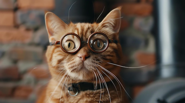 Um close de um gato roxo usando óculos de corneta O gato está olhando para a câmera com uma expressão curiosa