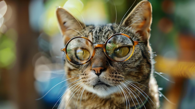 Foto um close de um gato usando óculos com bordas de chifres o gato está olhando para a câmera com uma expressão curiosa