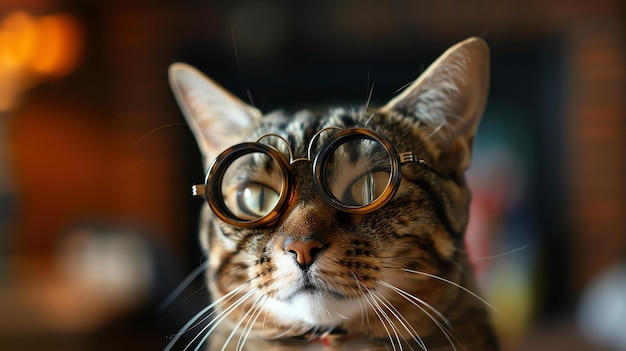 Um close de um gato usando óculos com bordas de chifres O gato está olhando para a câmera com uma expressão curiosa