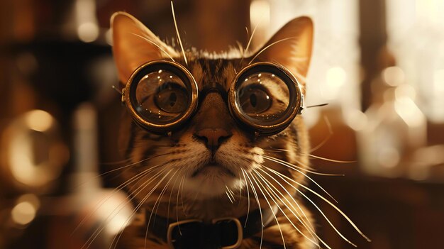 Foto um close de um gato usando óculos steampunk o gato está olhando para a câmera com uma expressão curiosa