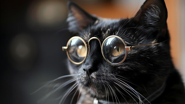 Foto um close de um gato vestindo óculos com bordas de chifres o gato está olhando para a direita do quadro a pele do gato é preta