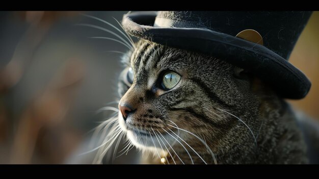 Foto um close de um gato vestindo um chapéu de topo o gato está olhando para a direita do quadro o chapéu é preto e tem uma faixa dourada ao redor dele