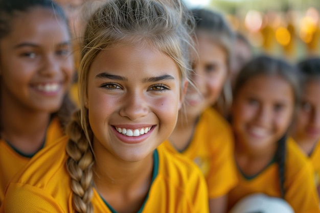Um close de um grupo de jovens jogadoras de futebol sorridentes irradiando espírito de equipe e camaradagem em campo