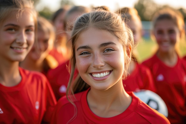 Um close de um grupo de jovens jogadoras de futebol sorridentes irradiando espírito de equipe e camaradagem em campo