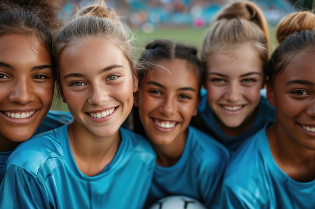 Um close de um grupo de jovens jogadoras de futebol sorridentes irradiando espírito de equipe e camaradagem em campo