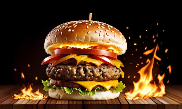 Um close de um hambúrguer com uma faca em uma mesa de madeira o fundo está em chamas