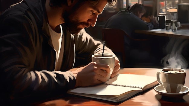 Um close de um homem anotando pensamentos com uma xícara de café