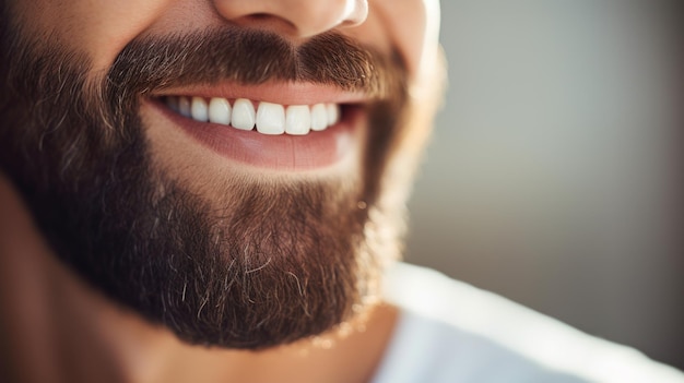 Um close de um homem com barba e dentes brancos ai