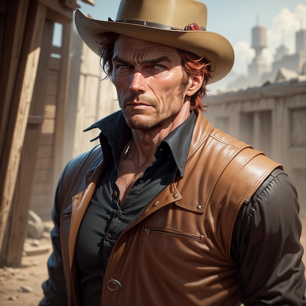 Um close de um homem ruivo vestindo um chapéu e uma camisa preta western Red Dead Redemption