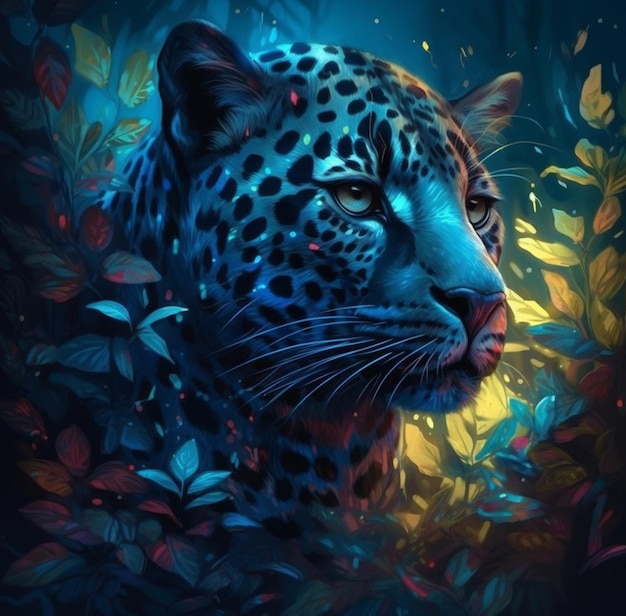 um close de um leopardo em uma selva com folhas generativas ai