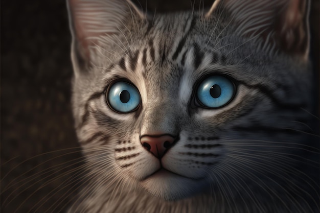 Um close de um lindo gato com um gato malhado cinza e animais de estimação de olhos azuis e um modo de vida Em um fundo cinza um lindo gatinho fofo Generative Ai