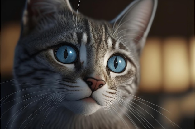 Um close de um lindo gato com um gato malhado cinza e animais de estimação de olhos azuis e um modo de vida Em um fundo cinza um lindo gatinho fofo Generative Ai