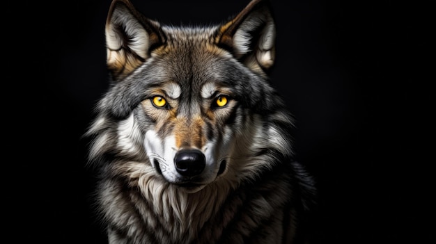 Um close de um lobo com olhos brilhantes.