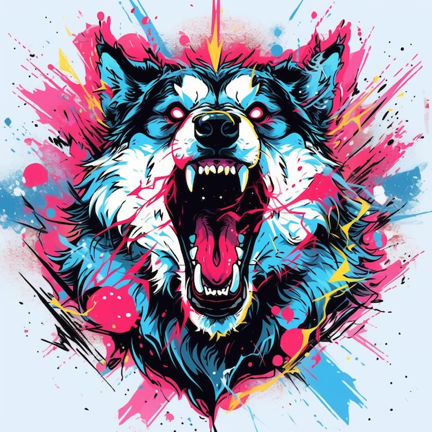 um close de um lobo com um fundo colorido generativo ai