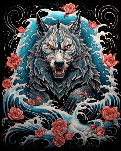 Um close de um lobo com uma tatuagem de rosa no peito