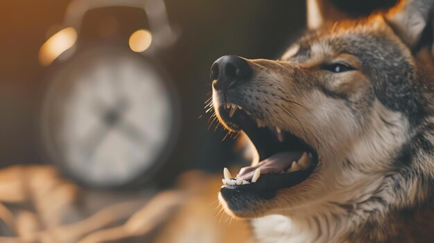 Foto um close de um lobo mostrando seus dentes com um despertador no fundo