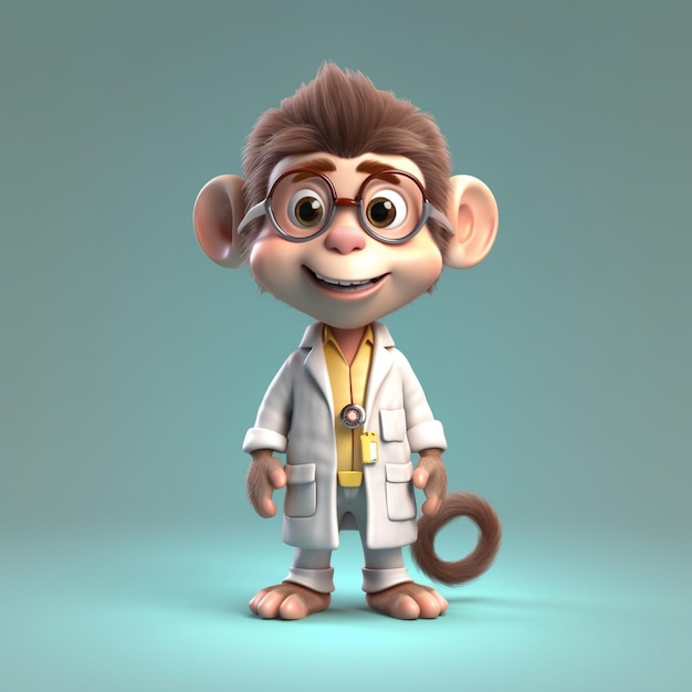 Um close de um macaco de desenho animado vestindo um casaco de laboratório