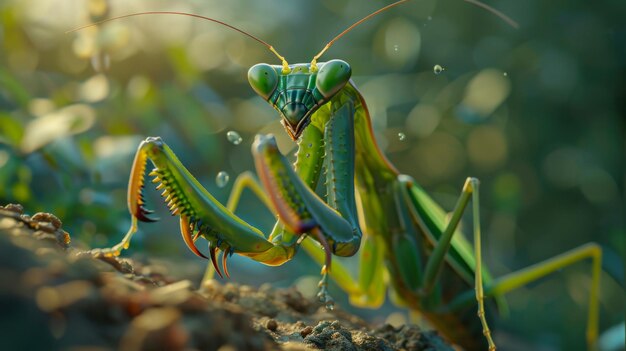 Um close de um mantis limpando suas patas dianteiras com cuidado meticuloso mostrando seus hábitos de cuidados meticulosos