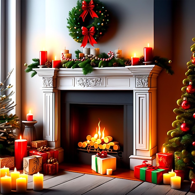 Um close de um manto de Natal decorado com meias e velas