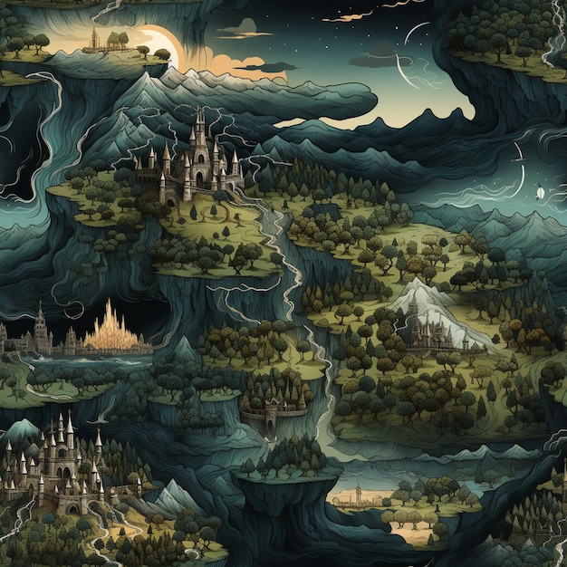 um close de um mapa de um mundo de fantasia com uma IA geradora de castelo