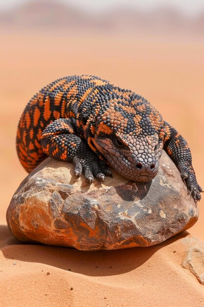 Foto um close de um monstro de gila, o lagarto heloderma suspectum, a tomar sol na rocha do deserto sob o sol.
