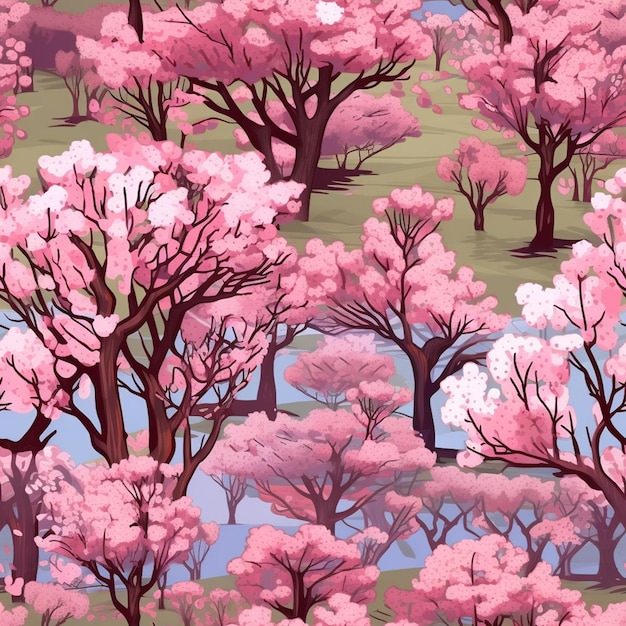 um close de um monte de árvores com flores rosas generativas ai