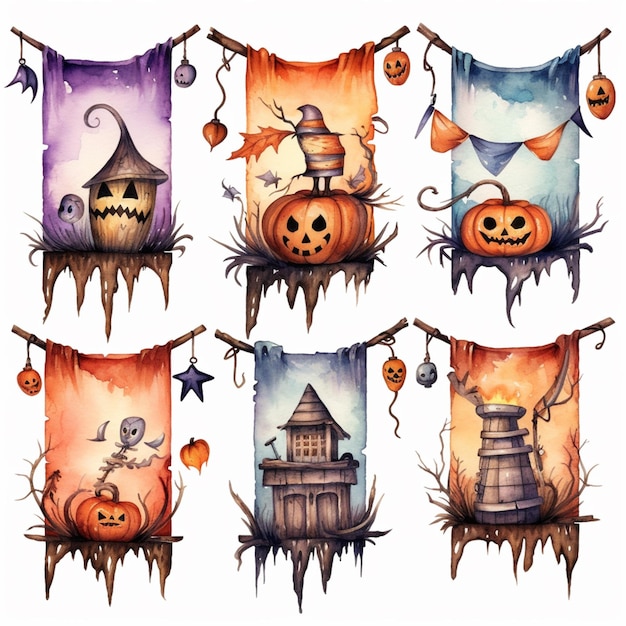 um close de um monte de banners de Halloween pendurados em uma linha IA generativa